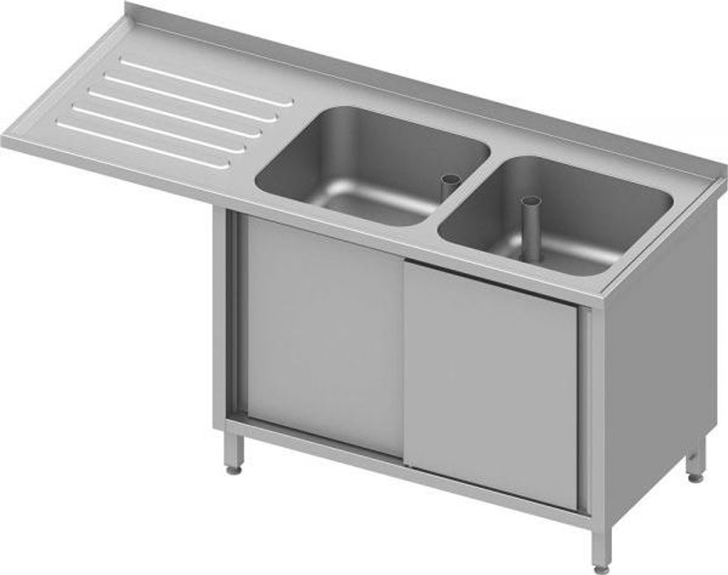 Spülschrank mit Schiebetüren und Überstand 1800x700x900 mm, mit zwei Becken rechts, mit Aufkantung, verschweißt