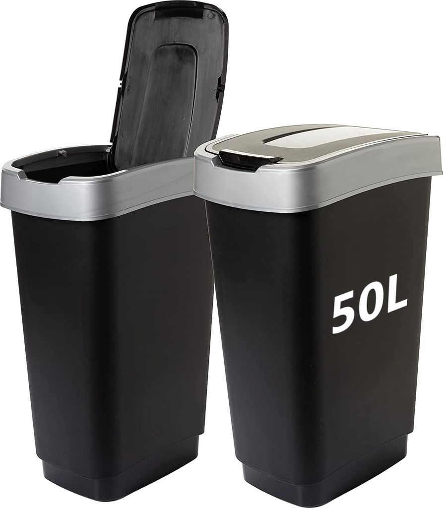 Mülleimer mit Schwingdeckel, 2 Fächer, je 50l, stabil, einfache Trennung, schwarz/silber
