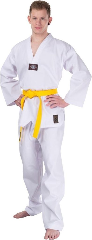 Taekwondo Anzug Standard Ribbed leicht, weißes V-Revers, SET (Schlupfjacke, Hose, weißer Gürtel)