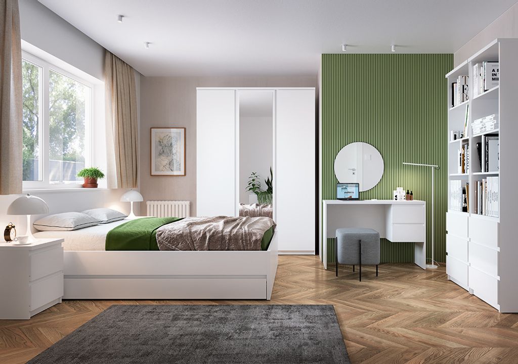 Schlafzimmer Komplett Set mit 160cm Bett und 3-türigem Kleiderschrank, 9-teilig, in weiß FORTALEZA-129