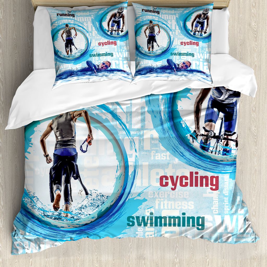 ABAKUHAUS Triathlon Bettbezug, Radfahren Laufen Schwimmen, Milbensicher Allergiker geeignet mit Kissenbezügen, 155 cm x 220 cm - 80 x 80 cm, Himme...