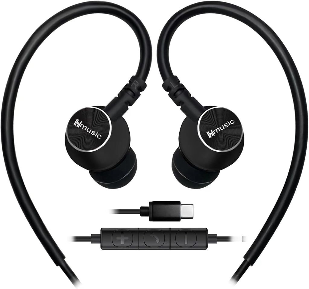 Sport-Ohrhörer mit Mikrofon verkabelt, USB Typ C Metall Muschel Ohrstöpsel in-Ear Kopfhörer mit Over Ear Haken Ohrhörer für Sport, Laufen, Tra...