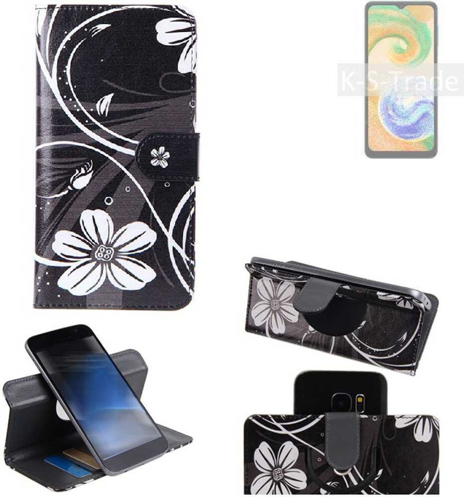 K-S-Trade Schutzhülle Handyhülle kompatibel mit Samsung Galaxy A04s Hülle 360° Wallet Case ''Flowers'' Klapphülle Hülle schwarz-weiß 1x
