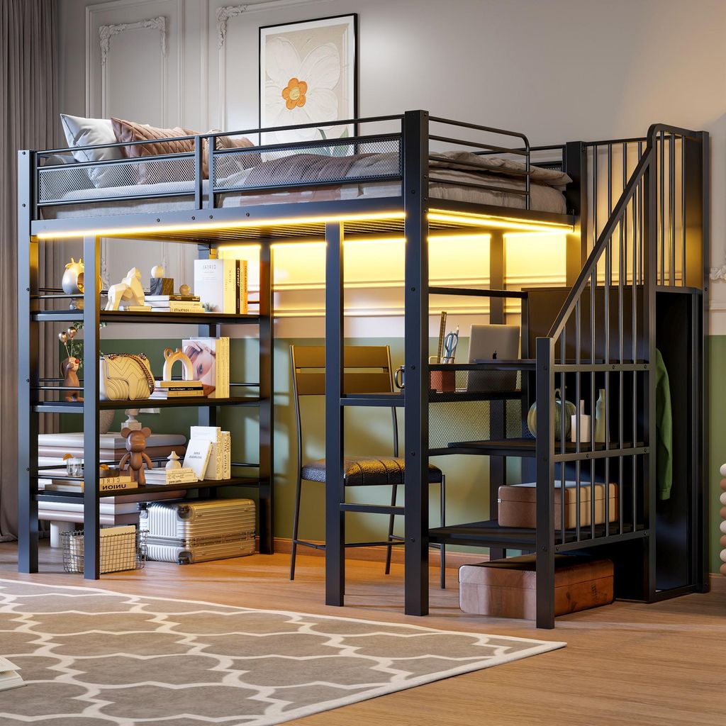 Flieks Etagenbett 90x200cm mit Schreibtisch und Bücherregal, Kinderbett Jugendbett mit Led und Ladefunktion, Hochbett mit Treppe und Garderobe Sch...
