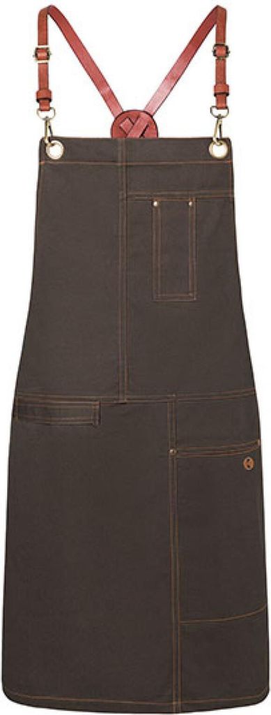 A dark brown apron with red leather straps is shown against a white background.