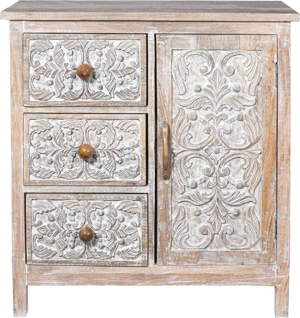 Marrakesch Boho Kommode mit Tür & 3 Schubladen aus Holz weiß 80cm groß | Skandi Deko kleines Sideboard Komode Caitria für stilvolle Aufbewahrun...