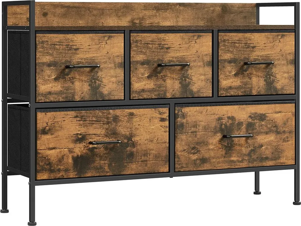 Commode à 5 tiroirs en tissu brun vintage et noir pour chambre adulte