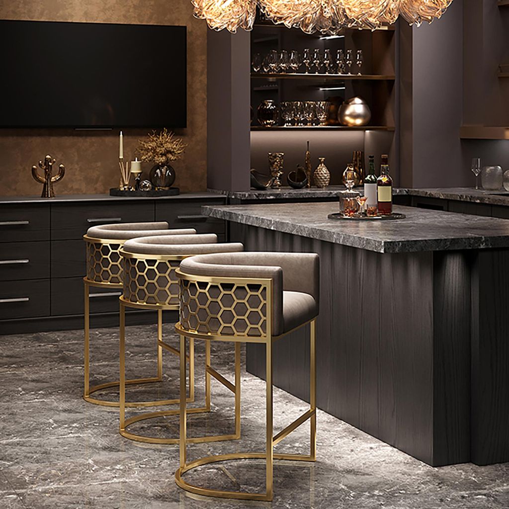 riess-ambiente Stilvoller Barhocker ELEGANCE beige Samt gold Edelstahl mit Armlehne und Fußablage Barstuhl Hocker Tresenhocker Tresenstuhl