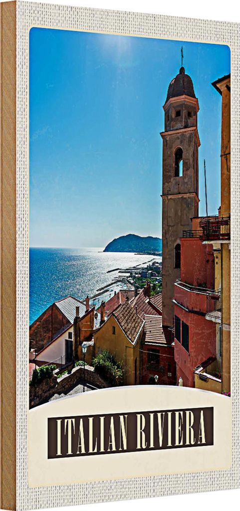 Holzschild Reise 20x30cm Italien Riviera Meer Stadt Strand
