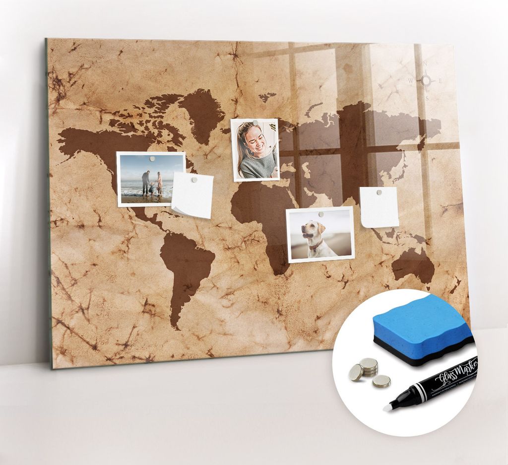 Magnetische Wandnotiztafel - Weißer Marker + Schwamm + Magnete 100 x 70 cm - Vintage Weltkarte