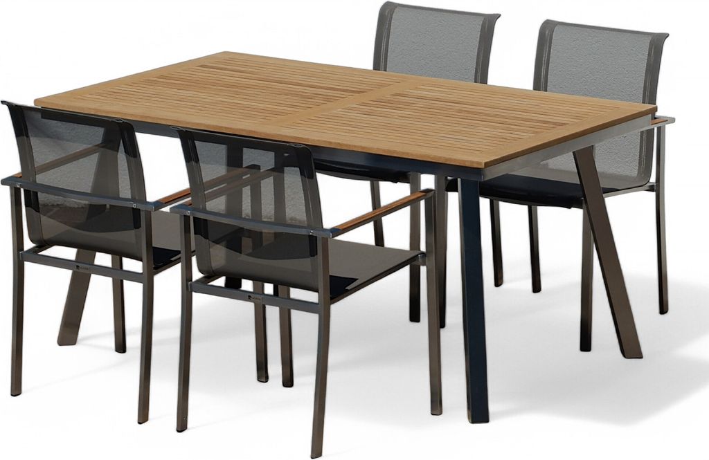 ALEOS. Gartengarnitur Edelstahl Teak Set: Tisch Nassau 160x90 cm + 4 stapelbare Sessel schlammfarben Batyline Bespannung Stapelsessel A-Grade Teak ...