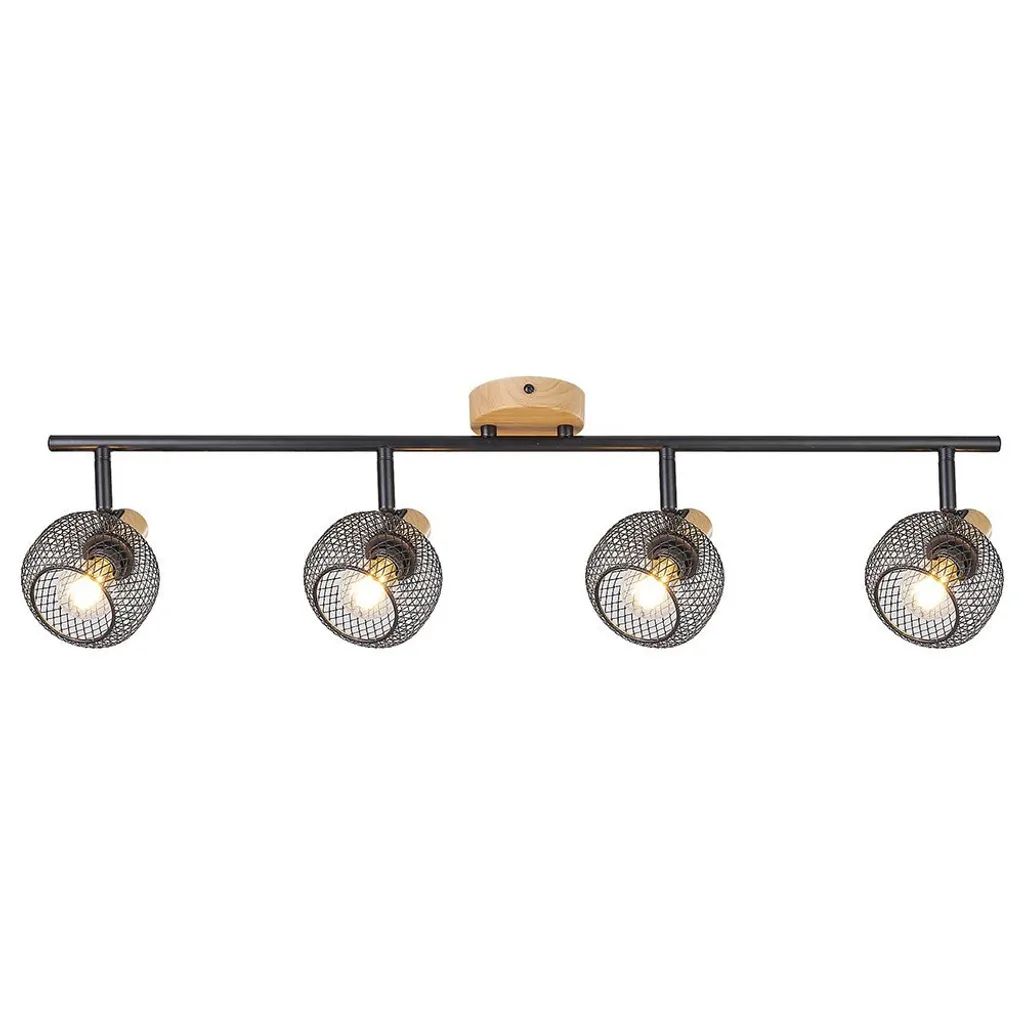 Rampe de spots design bois hêtre et métal noir Grendel 4 lumières E14