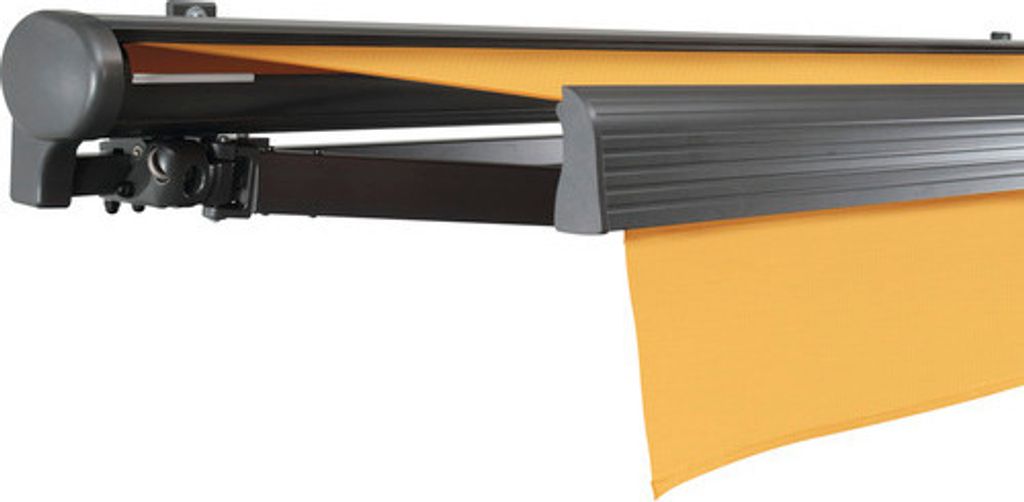 SOLUNA Halbkassettenmarkise Comfort 3x2 Dessin U415 Gestell DB703 dunkelgrau Antrieb links inkl. Motor und Wandschalter