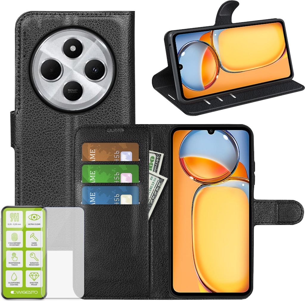 A collage of images showing a black leather phone case with card slots and a phone inside, and a separate image of a phone in a similar case.