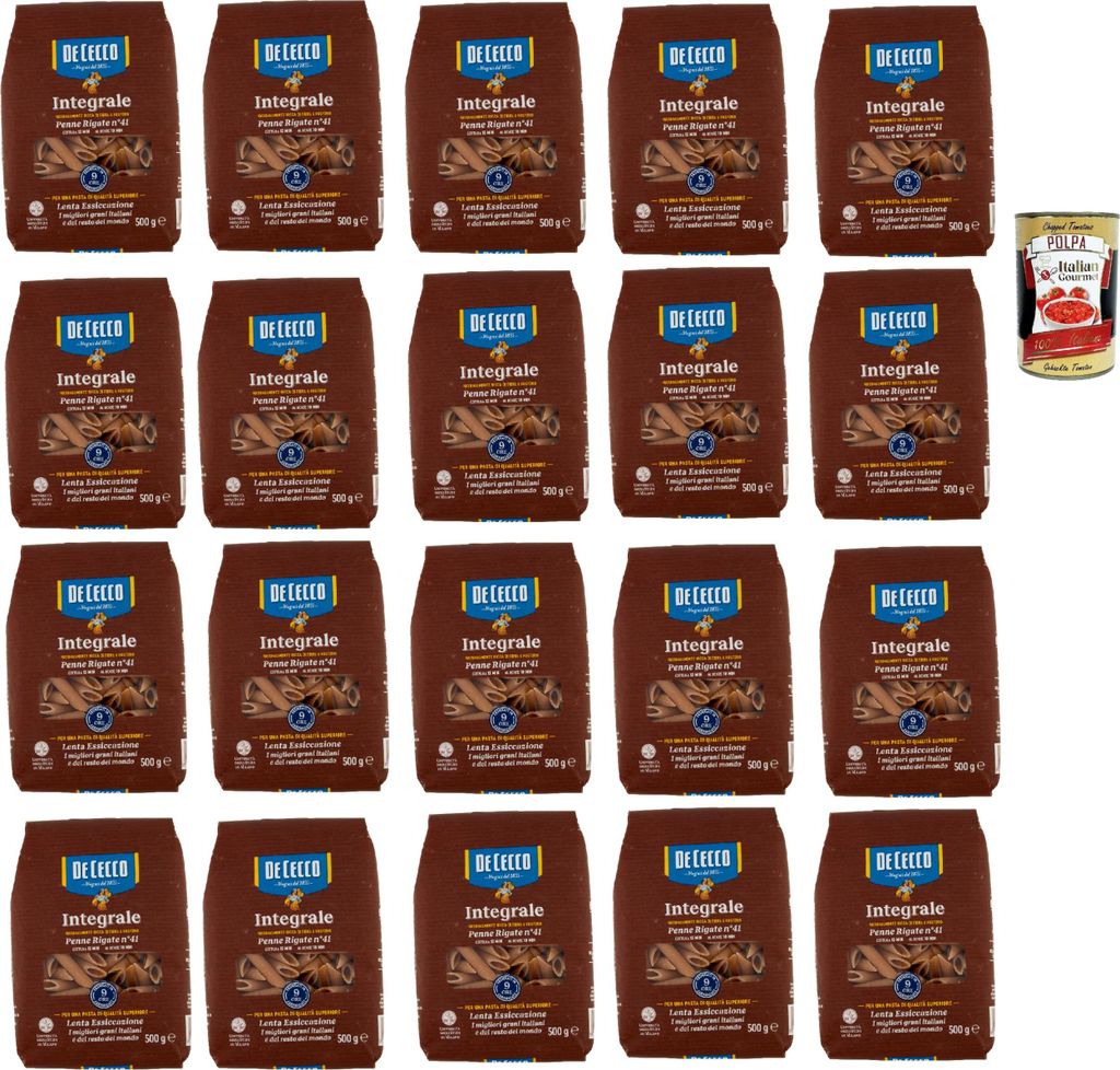 De Cecco Integrale Penne rigate N° 41, Pasta integrale, Vollkornnudeln, 20x 500g + Italian Gourmet polpa 400g