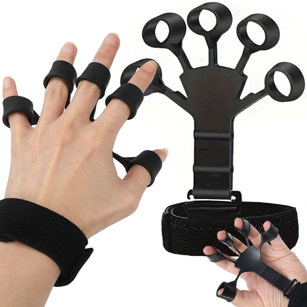 A hand wearing a finger exerciser device, with another hand wearing a similar device in the foreground.