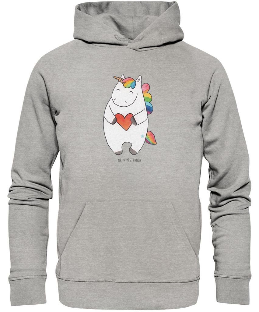 Mr. & Mrs. Panda Organic Hoodie Einhorn Herz Größe M - Heather Grey - Geschenk, Kapuzenpullover, Pulli, Sweatshirt, Bedruckter, Unicorn, Lustig, ...