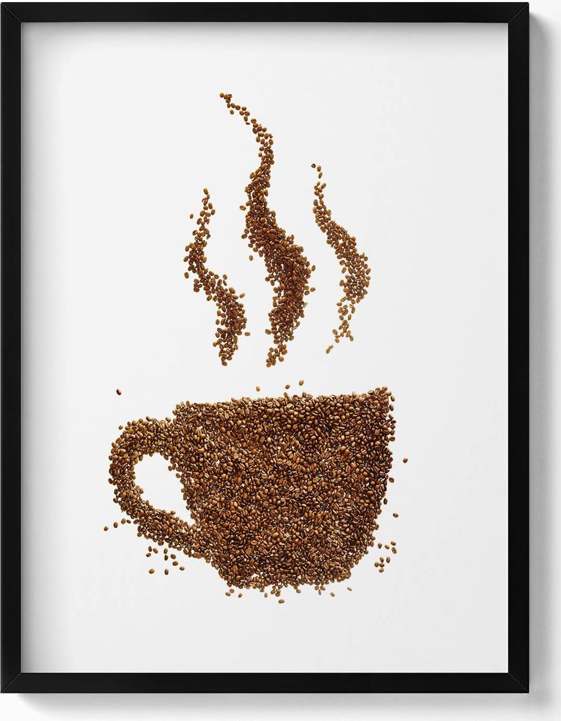 Tasse Kaffee mit Bohnen– Wandbild mit Rahmen – Gerahmtes Bild – Wanddekoration – 60x80 cm – Schwarz Rahmen
