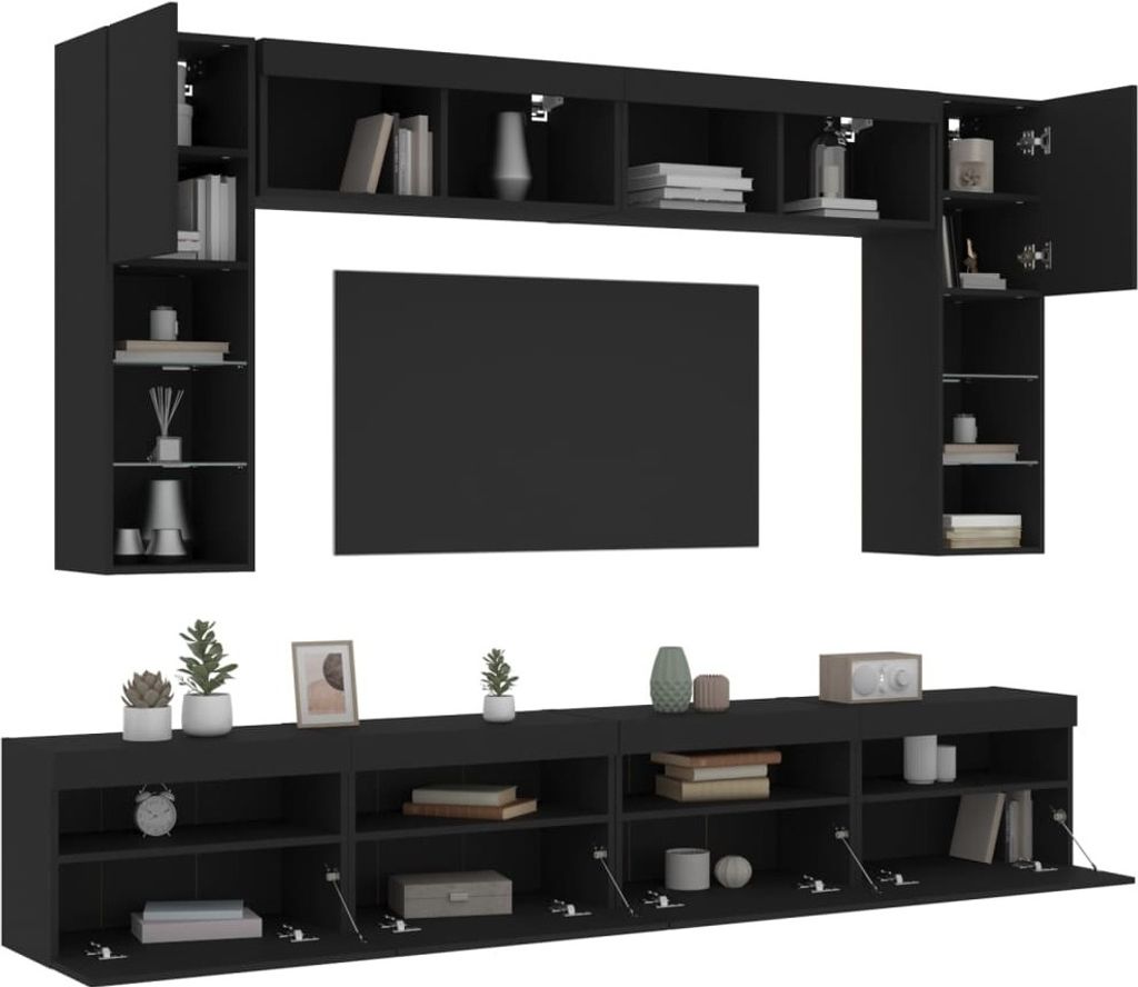 vidaXL 8-tlg. TV-Wohnwand mit LED-Leuchten Schwarz Produktbild 