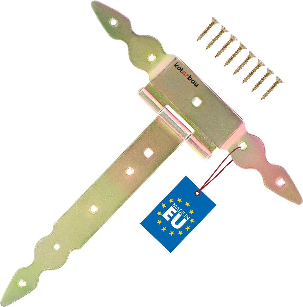 KOTARBAU T Scharniere gold L: 250 mm Kreuzgehänge verzinkt Stahl Gartentor Scharnier Türband Holztür Ladenband Torscharniere Schwerlast Türb...