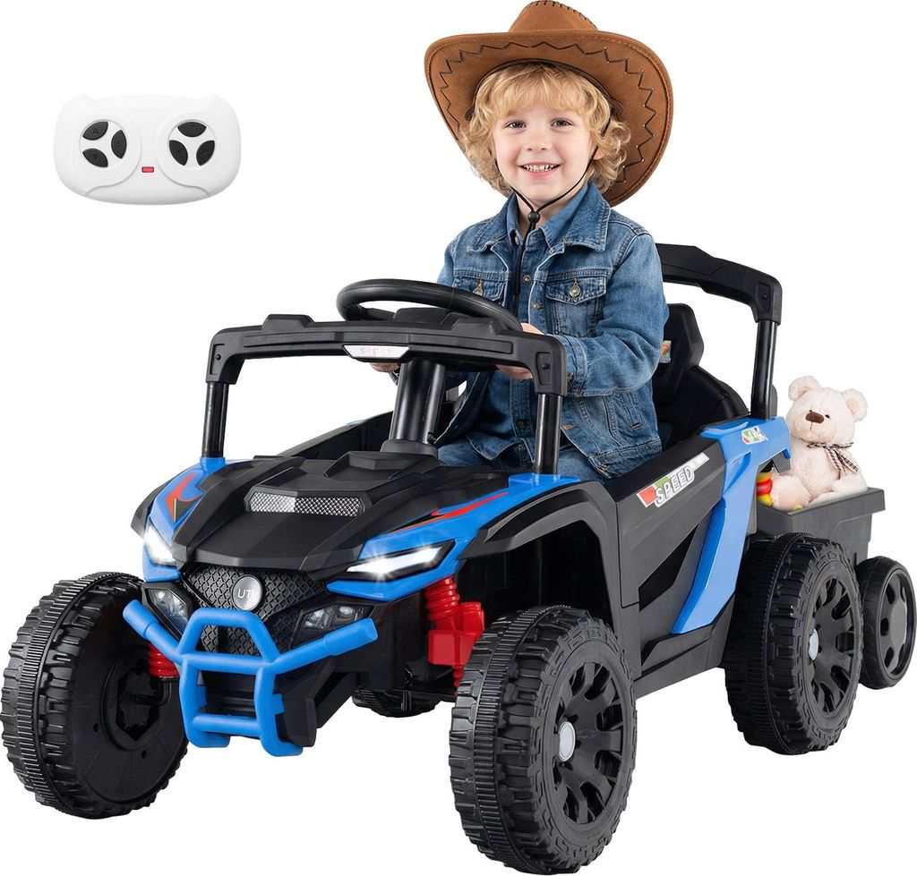 COSYWAY Kinder Elektroauto mit abnehmbarem Anhänger, 12V Kinderauto elektrisch mit 2,4G Fernbedienung, Federdämpfer, Licht&Musik, für Kinder 3+Blau