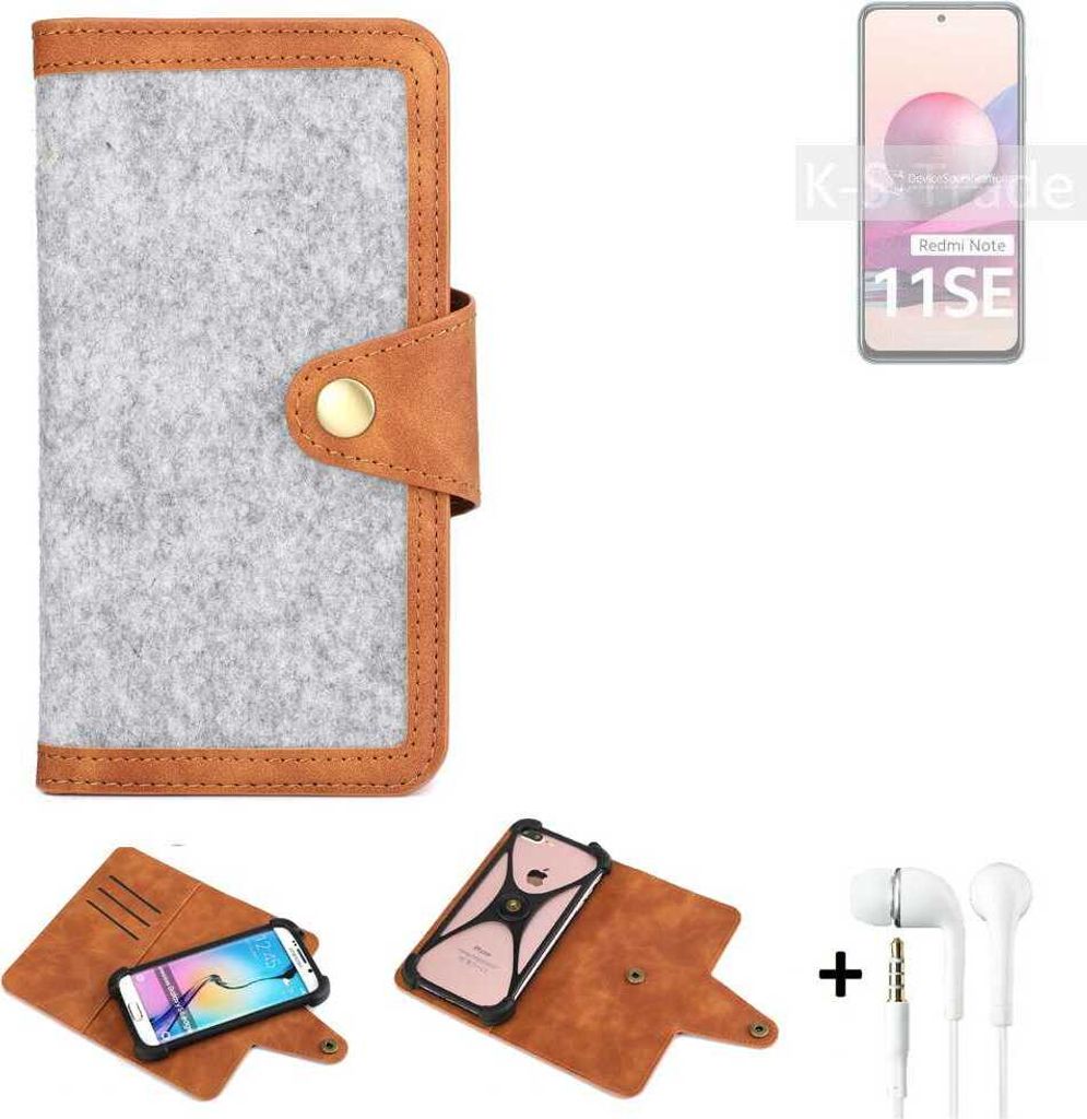 K-S-Trade Handyhülle + Kopfhörer kompatibel mit Xiaomi Redmi Note 11SE India Schutzhülle Filz Hülle Kunstleder hellgrau braun (1x)