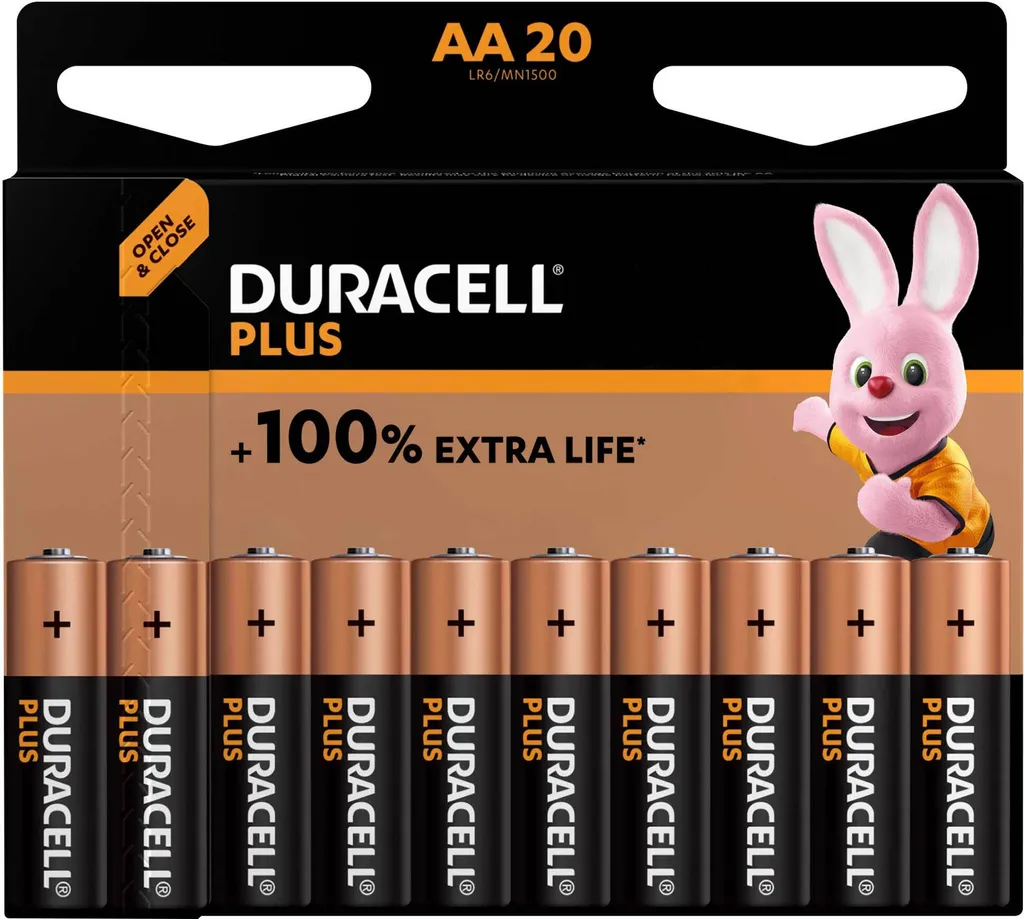 Lot de 20 piles LR6 AA Duracell Plus 141056 - Énergie longue durée 1,5V