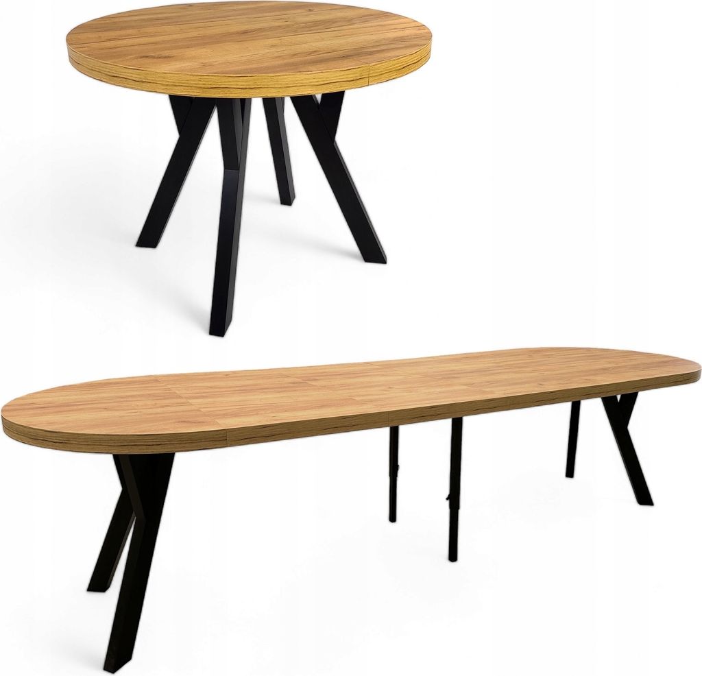 A round dining table and an oval bench are displayed against a white background.