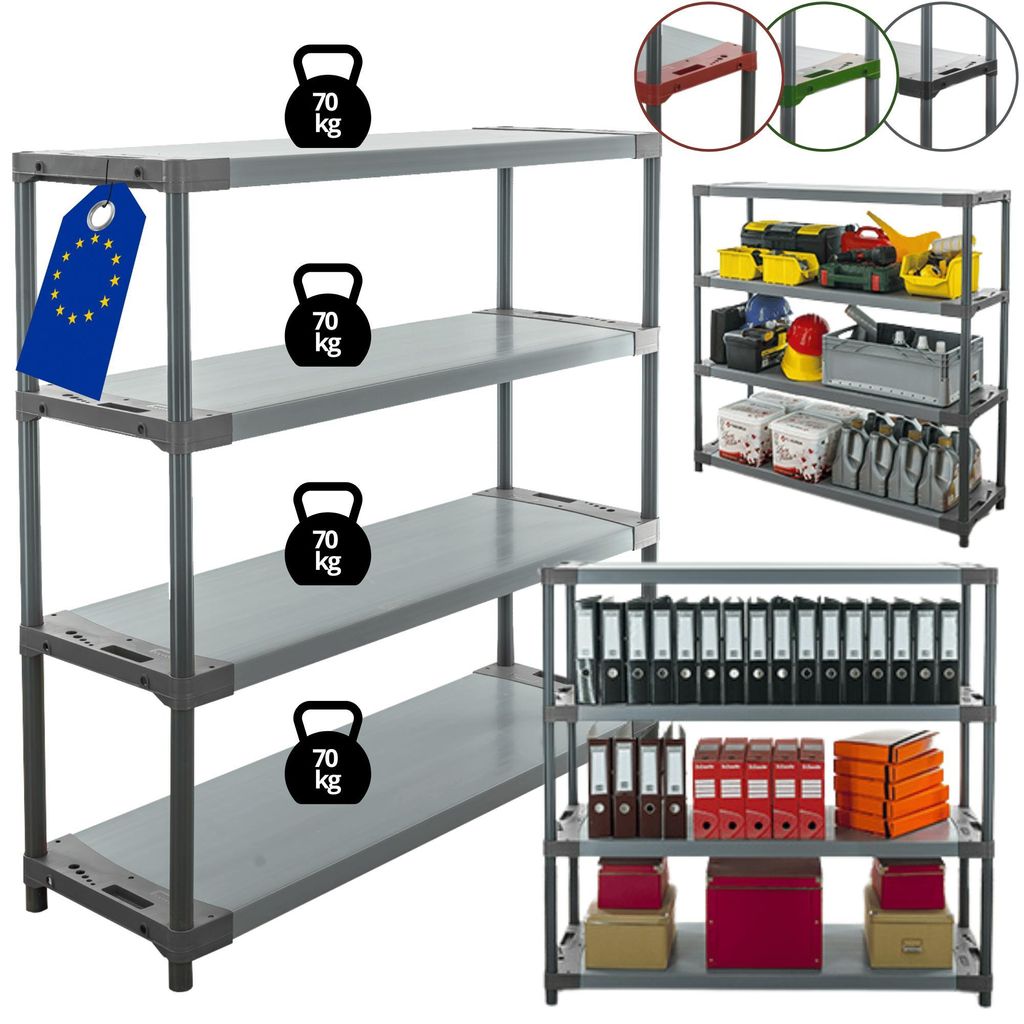 MODO24 Kunststoffregal, 4 Ablagen, 70kg/Boden, Schwerlast, Steckregal, Lagerregal, Plastikregal, Werkstatt, 138x130x46?cm, Grau, JUPITER