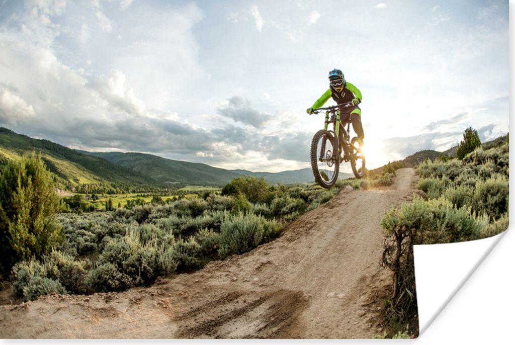 MuchoWow Poster Frau springt auf ein Mountainbike 90x60 cm - Schlafzimmer