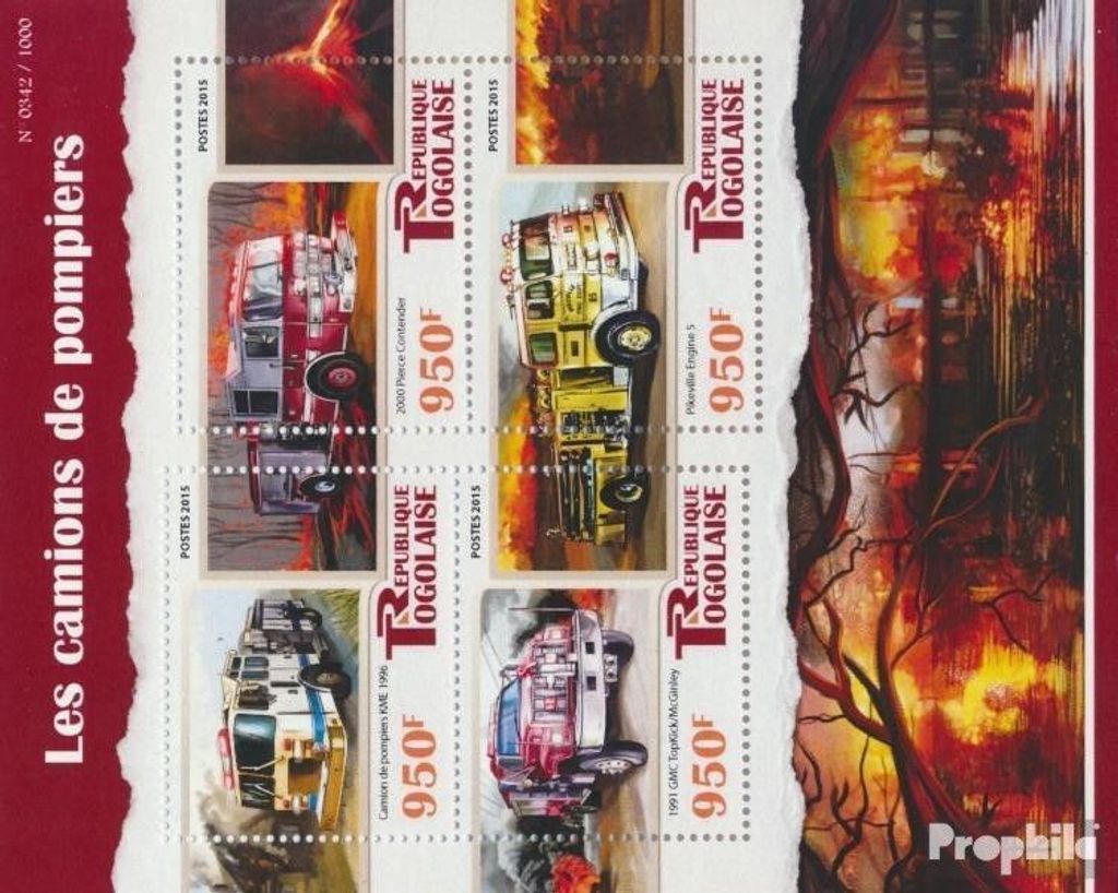 Briefmarken Togo 2015 Mi 7043-7046 Kleinbogen (kompl. Ausgabe) postfrisch Feuerwehrfahrzeuge