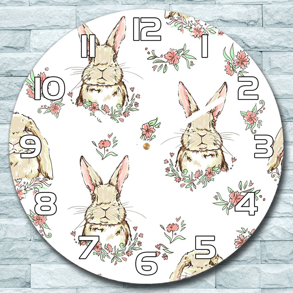 Wanduhr aus Glas Rund fi 30 Kaninchen & Blumen Quarz Deko Schlafzimmer Büro