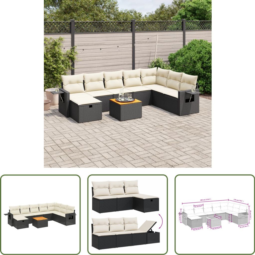 The Living Store 9-tlg. Garten-Sofagarnitur mit Kissen Schwarz Poly Rattan