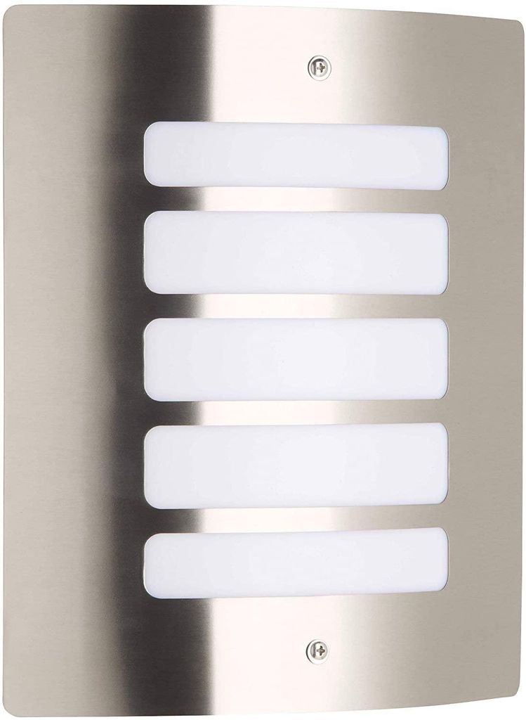 A close-up, front-facing view of a brushed stainless steel outdoor wall light with five frosted white light panels.