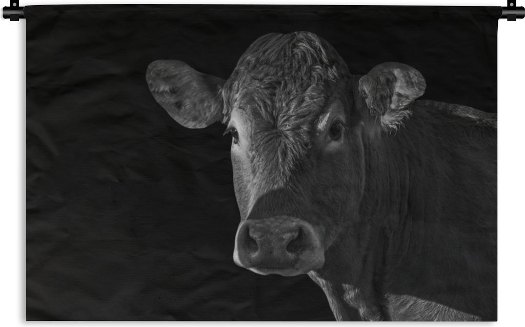 MuchoWow Wandteppich Wandbehang Kuh - Tiere - Schwarz - Weiß - Porträt 90x60 cm Tapisserie Dekoration Wandtuch - Wandskulpturen - Bildteppich