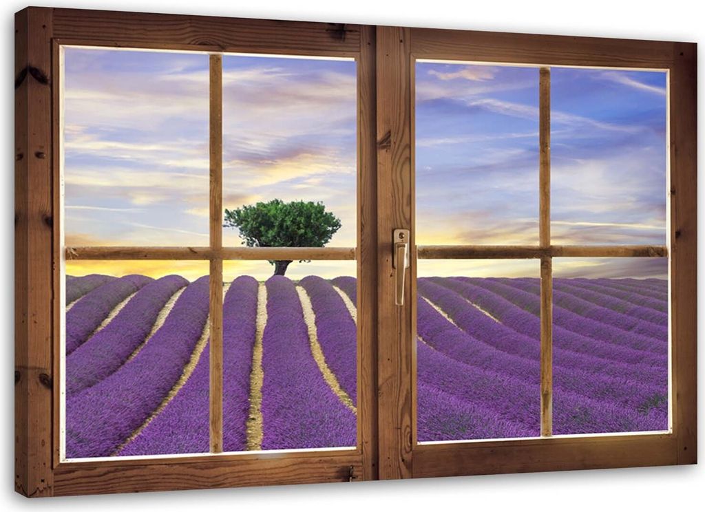 Leinwandbild fenster - lavendelfeld 120x80 cm Feeby lila wandbild bereit zum aufhängen
