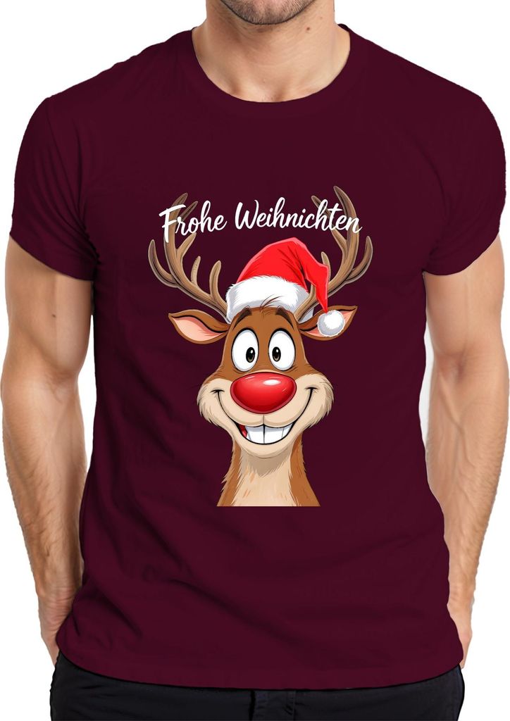 Frohe Weihnachten Rentier Rudolph Cartoon Lustig Weihnachtsmütze Herren T-Shirt, Burgundy, XL