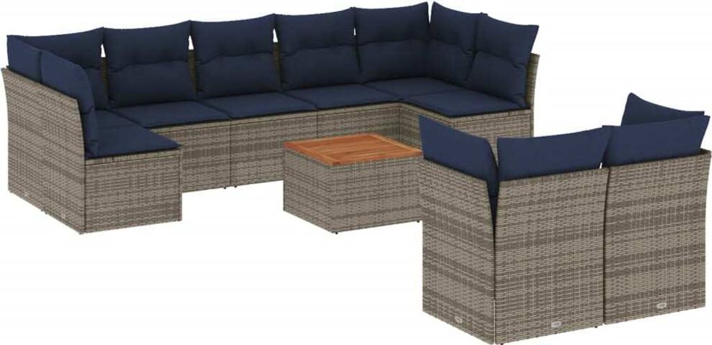 10-tlg. Garten-Sofagarnitur mit Kissen Grau Poly Rattan