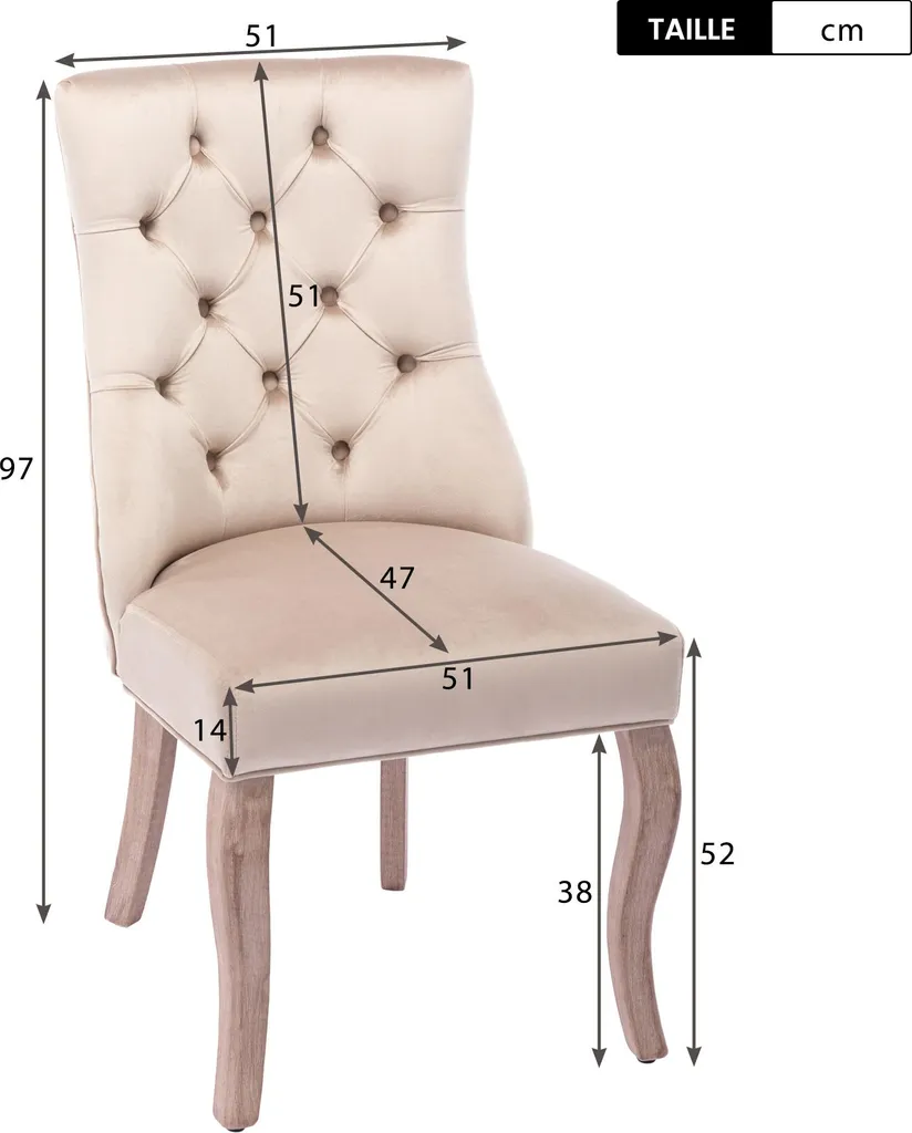 Chaise Velours Beige et Bois Massif Lot de 2 avec Dossier Haut Confort