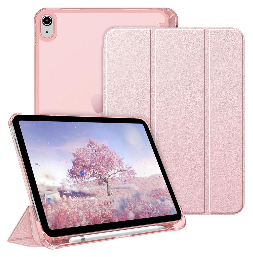 A pink iPad case with a transparent back and a tri-fold cover is displayed alongside an iPad showing a nature scene.