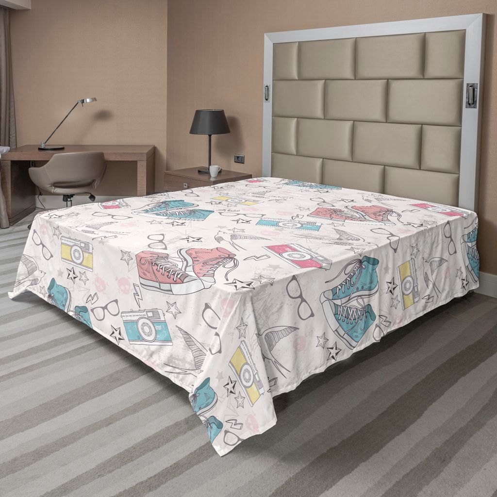 ABAKUHAUS Jahrgang Bettlaken, Grunge Muster Schuhe Foto Kamera Brille Sterne Donner Vögel Für Kinder Teen Druck, weiches bequemes oberes Bettlake...