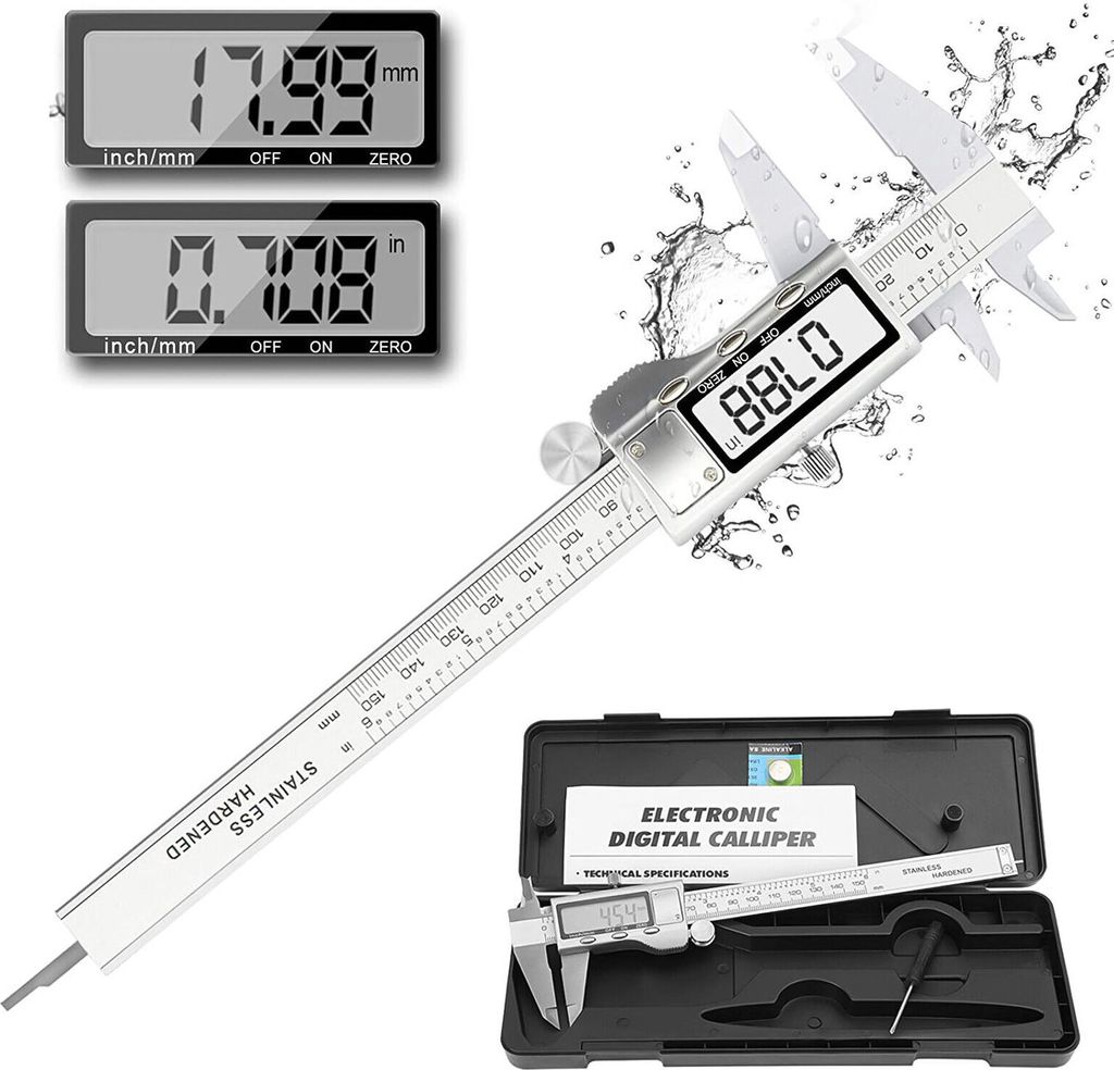 Digital Messschieber Edelstahl 150mm LCD Display Inkl. Aufbewahrungsbox Ersatzbatterie Schieblehre Messlehre für Innen-, Außen feinste Abstände