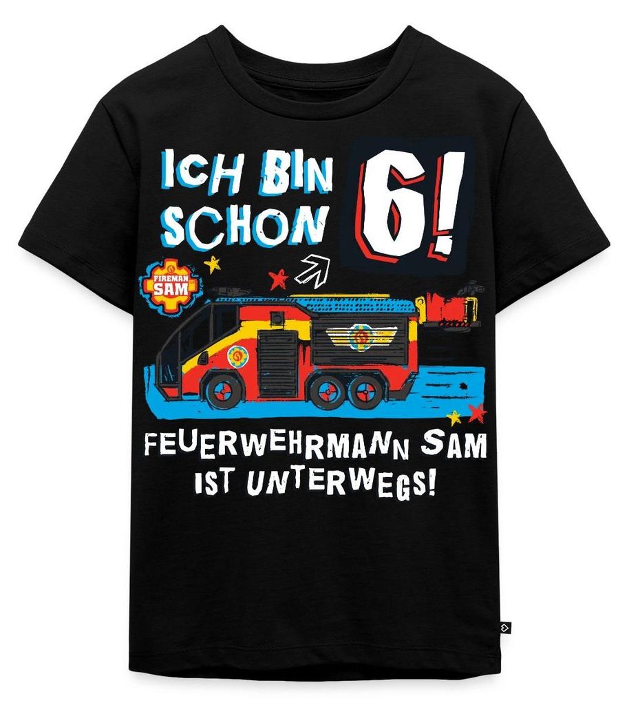 Spreadshirt Feuerwehrmann Sam Geburtstagsdesign 6 Jahre Kinder Premium T-Shirt, 98/104 (2 Jahre), Schwarz