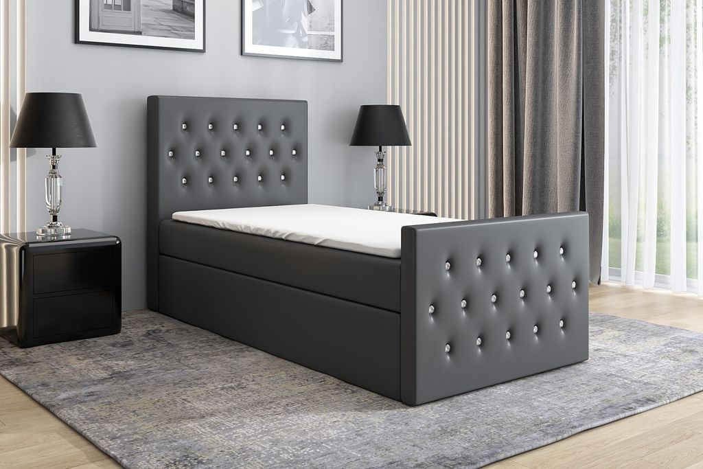 Boxspringbett, Jugendbett LILI 100x200 (Rechts) mit Bettkästen, Bonell-Matratze und Topper. Farbe: Grau