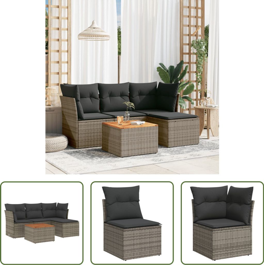 The Living Store 5-tlg. Garten-Sofagarnitur mit Kissen Grau Poly Rattan
