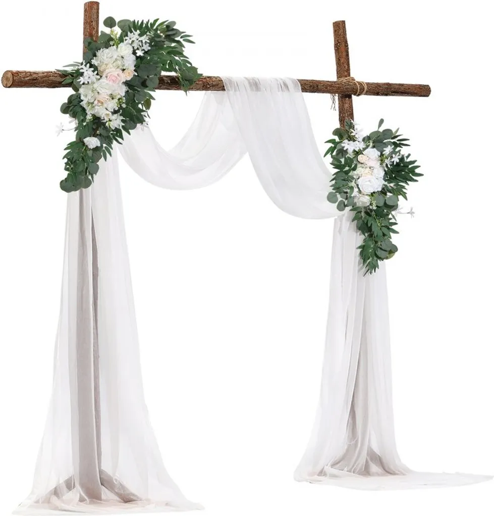 Kit arche de mariage décorative avec voilage et fleurs blanches - 11