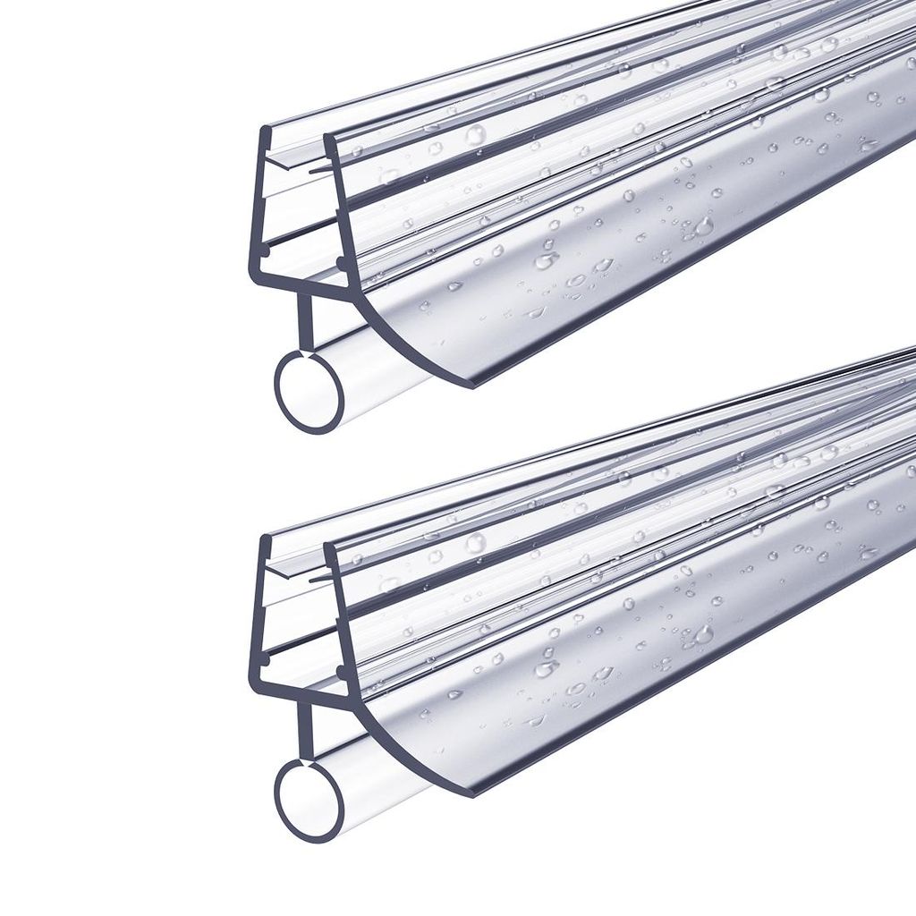 Two clear plastic shower door seals with water droplets on them, shown against a white background.