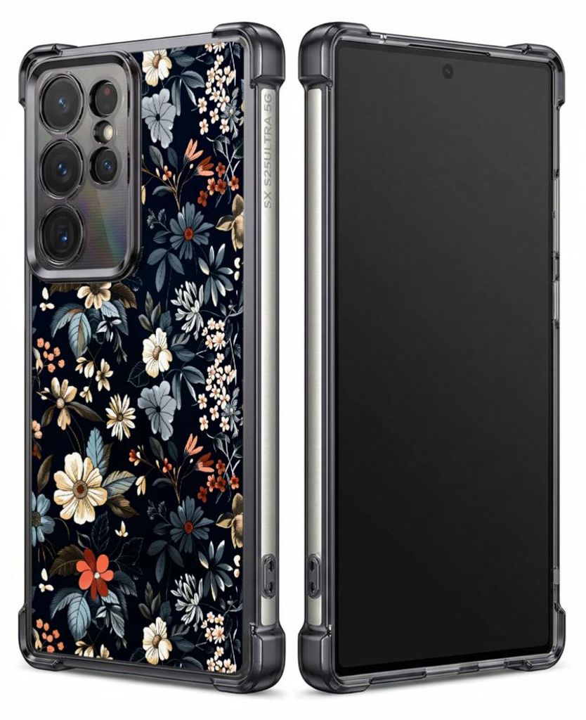Personalisierte Hülle mit Bild für Samsung Galaxy S23+ Elektroplattiert TPU Stoßdämpfer Handyhülle mit Dunkles Blumenmuster-Druckdesign