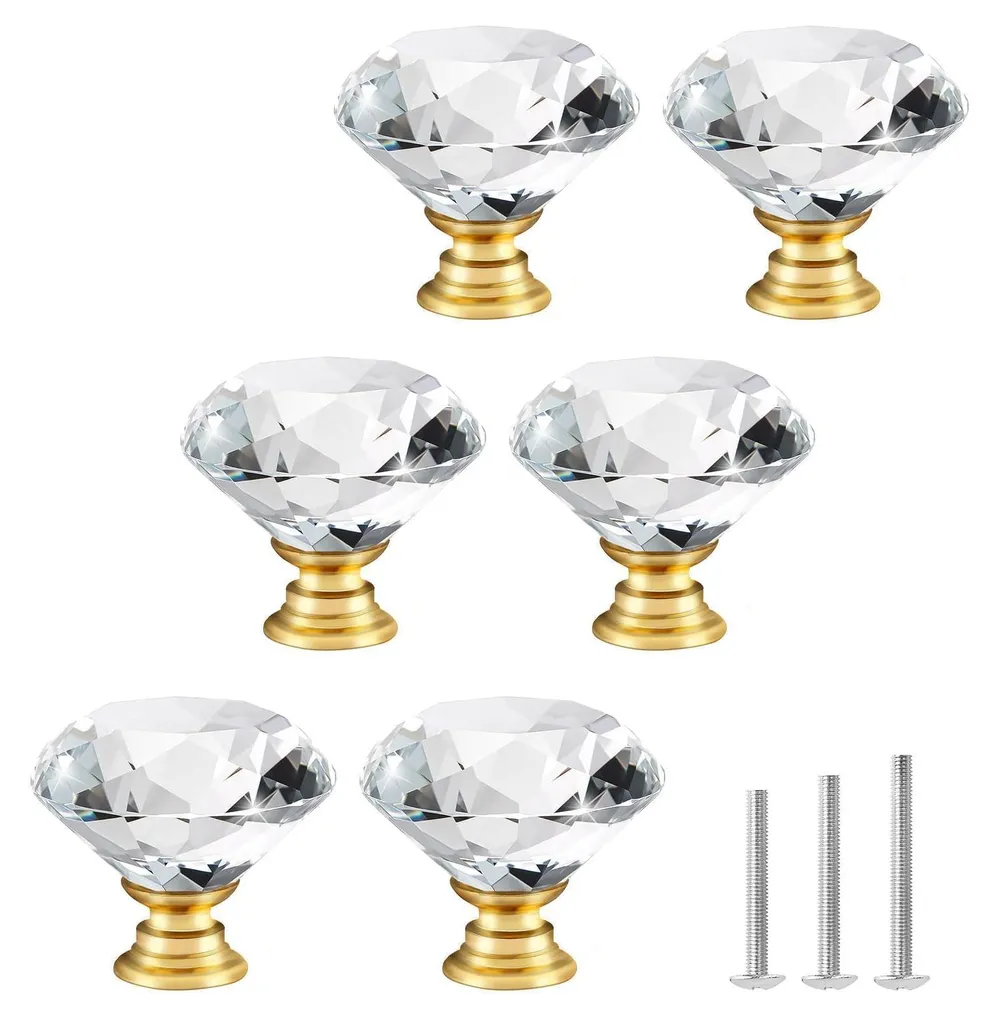 Poignées de meubles en cristal et socle doré pour commode et armoire