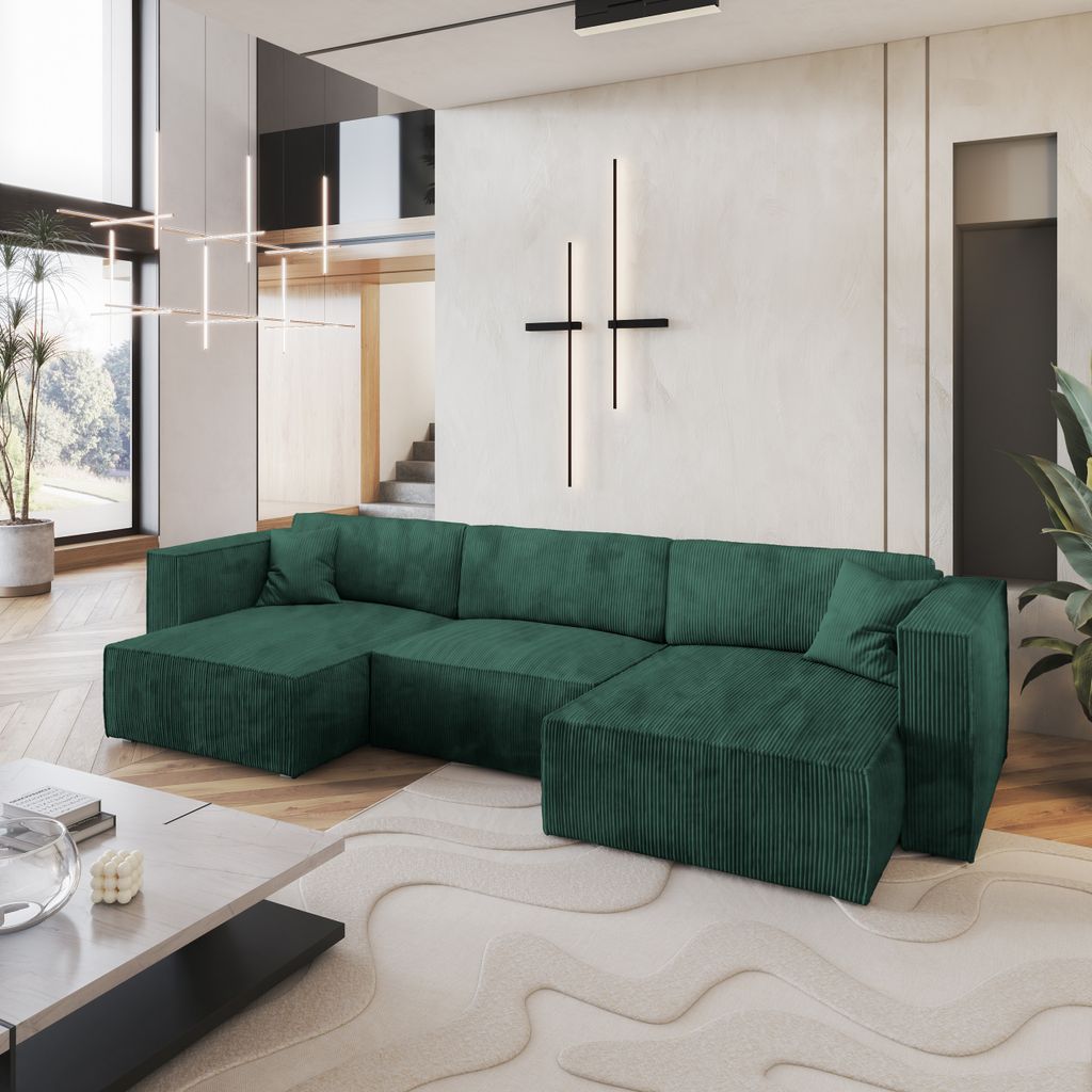 Masseno Ecksofa SARMO P mit Schlaffunktion U-Form, Sofa mit Bettkasten, Wohnzimmersofa, Couch, Soffa, Bettsofa, Couchgarnitur- Grün, POSO 14